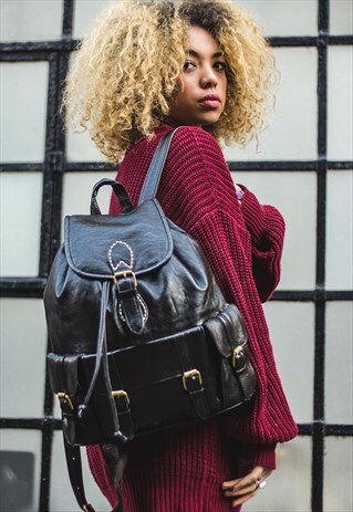 VINTAGE STYLE LEATHER BACKPACK / RUCKSACK (BLACK)