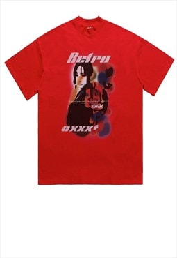 Retro slogan t-shirt vintage poster print tee anime top red 