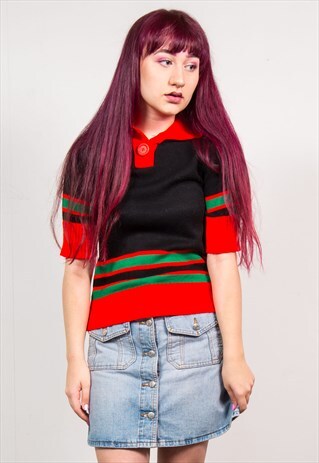 VINTAGE 70'S BLACK & RED KNIT OPEN COLLAR TOP