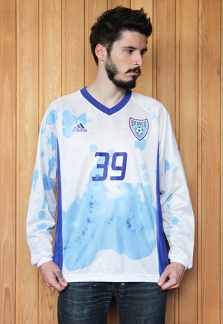 VINTAGE 1990S BLUE AND WHITE ADIDAS PAINT FOOTBALL SHIRT