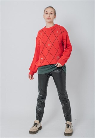 VINTAGE 80S BOXY FIT KNITTED ROUNDNECK JUMPER IN RED