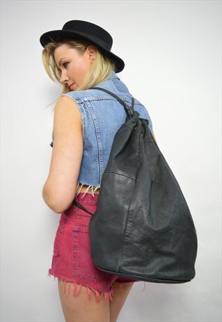 VINTAGE 90S BLACK LEATHER DUFFLE RUCKSACK FESTIVAL GRUNGE