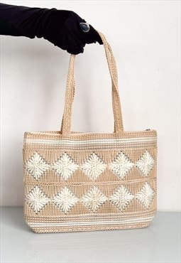 Vintage 90's natural geometric stitch square bag in beige