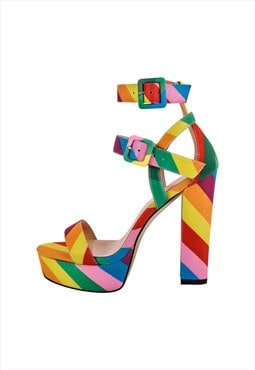 Rainbow Buckle Strap Chunky Heel Sandals