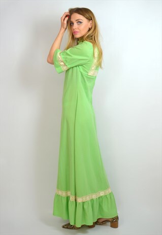 VINTAGE 70S GREEN & LACE INSERT BOHO FESTIVAL MAXI DRESS