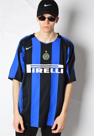 BLUE BLACK STRIPED NIKE FOOTBALL SPORTS JERSEY T-SHIRT