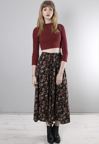 VINTAGE 80S LONG MIDI BLACK FLORAL PATTERNED SKIRT