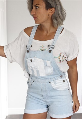 VINTAGE 1990S PALE BLUE AND WHITE DENIM SHORT DUNGAREES