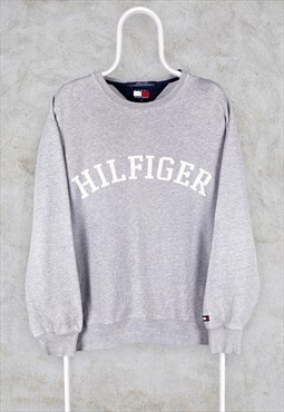 Vintage Grey Tommy Hilfiger Sweatshirt Spell Out Embroidered
