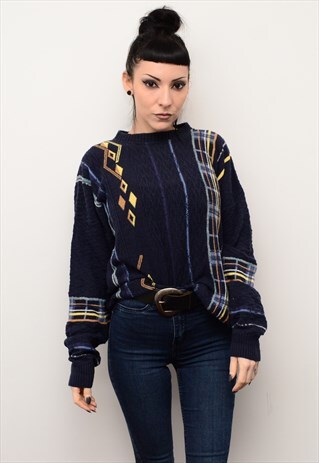 VINTAGE 90'S INDIE NAVY KNITTED PATTERNED CHUNKY JUMPER
