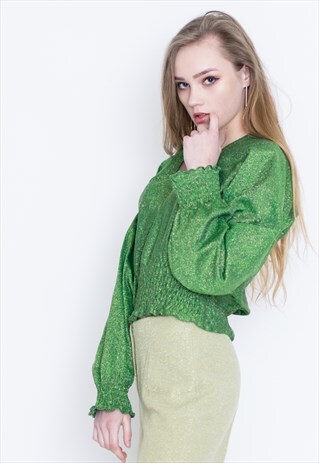 VINTAGE GREEN SHINY RETRO BLOUSE