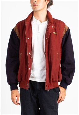 Men's Lacoste Red Blue Wool Leather Inserts Varsity Jacket