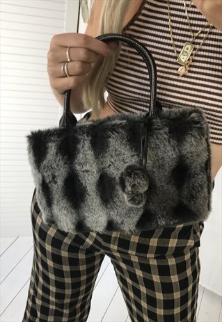 VINTAGE Y2K BLACK & GREY FAUX FUR MINI HANDBAG WITH POM NOMS