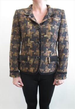 90s Vintage Black Tailored Blazer with Brown Woven Pattern