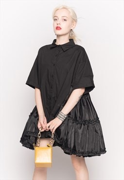 Oversized Short Sleeve Shirt with Frill Detail on Side black