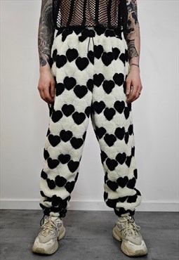 Heart fleece joggers fluffy heart emoji trousers rave pants