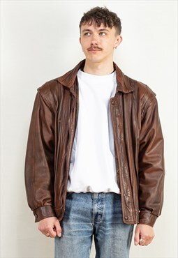 Vintage 80's Men Leather Bomber Jacket in Brown