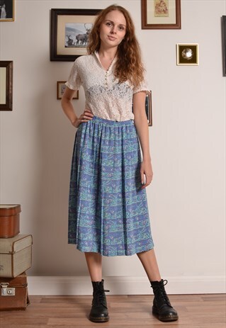 VINTAGE 80S PAISLEY PATTERN MIDI SKIRT IN BLUE