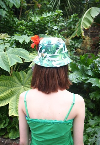 GREEN FOLIAGE PRINT BUCKET HAT