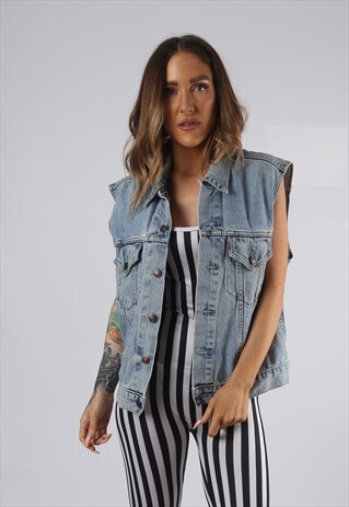 VINTAGE DENIM WAISTCOAT JACKET OVERSIZED FITTED UK 14 (HD1S)