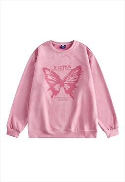 Butterfly sweatshirt velvet feel jumper skater top in pink
