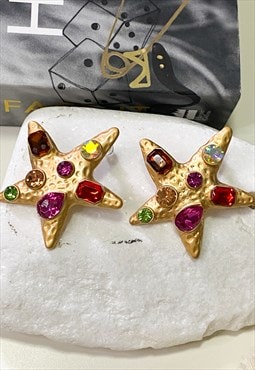 Retro Jeweled Gold Star Earrings