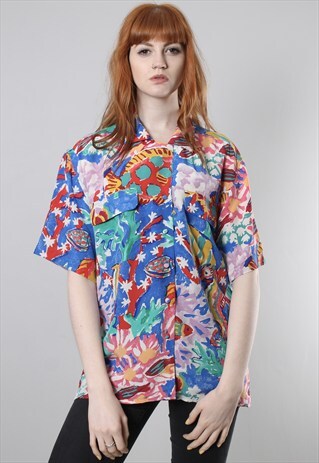 VINTAGE 90S SILK CRAZY PATTERNED SHIRT TOP