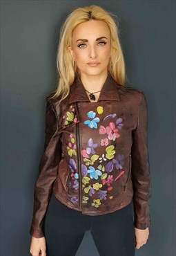 KENZO Vintage Brown Leather Biker Jacket with Flowers  