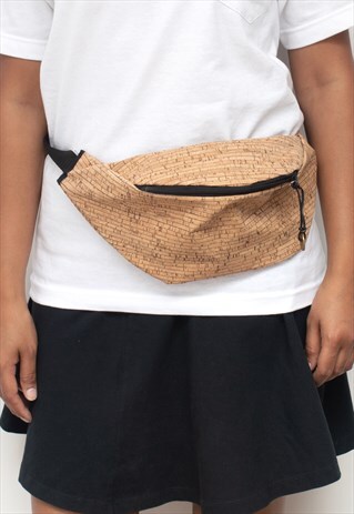 CORK BUM BAG IN BROWN WITH JAPANESE LUCKY CHARM (GRID)