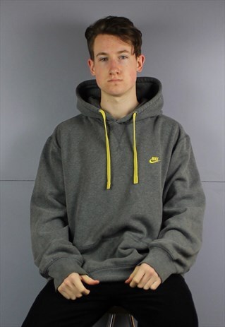 VINTAGE NIKE HOODIE IN GREY WITH EMBROIDERED LOGO. YELLOW DE