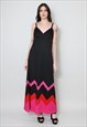 70's Vintage Ladies Black Abstract Print Strap Maxi Dress