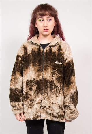 VINTAGE 90'S BROWN WOLF OVERSIZED TEDDY FLEECE JACKET