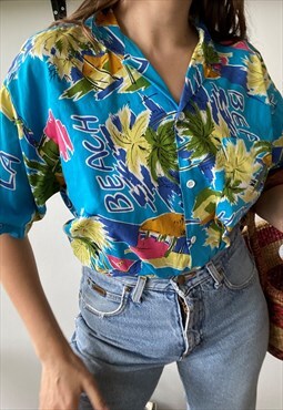 Vintage 80s Abstract Botanica print Hawaii blouse top