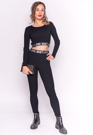 BLACK CROP TOP AND LEGGINGS CO-ORD WITH LOVE LOGO
