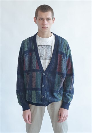 VINTAGE 80S FUNKY CARDIGAN IN BLUE PATTERN