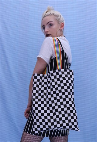 CHECKERBOARD TOTE BAG WITH RAINBOW DETAILING