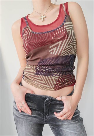 VINTAGE BURGUNDY RETRO GRUNGE MESH TANK TOP