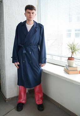 Vintage Navy Blue Double Breasted Belted Trench Coat