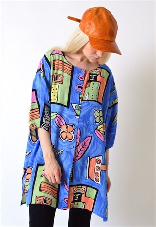 VINTAGE 90S COLOURFUL ABSTRACT COLLARLESS SHIRT