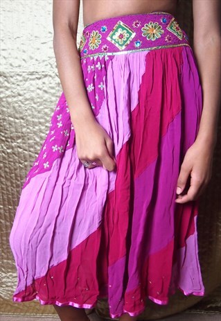 MULTI PINK EMBROIDERED HIGH WAISTED SKIRT