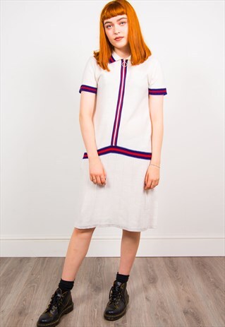 VINTAGE 70'S WHITE KNIT POLO STYLE SHORT SLEEVE DRESS