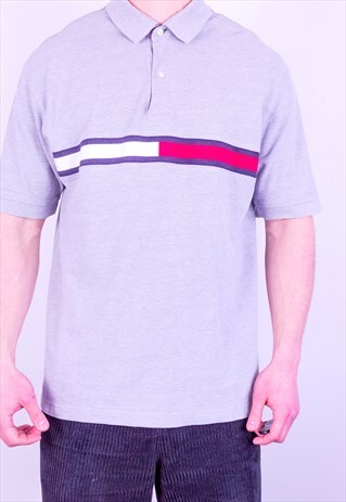 VINTAGE TOMMY HILFIGER FLAG LOGO POLO SHIRT IN GREY LARGE