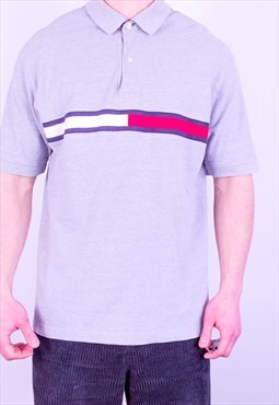Vintage Tommy Hilfiger Flag Logo Polo Shirt in Grey Large