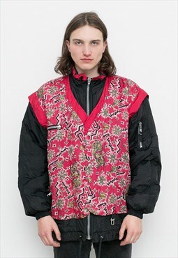 Vintage Puffer Ski Jacket Red Vest Black Abstract Print 90s