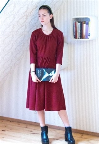 Dark red soft wide sleeve vintage dress