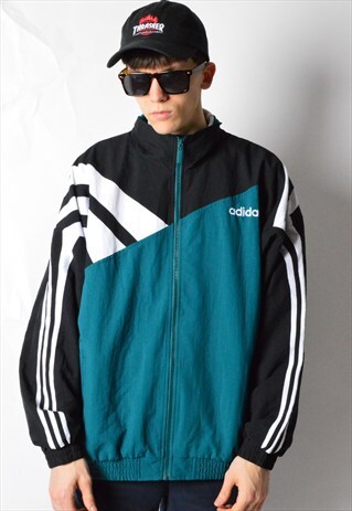 VINTAGE 90S BLACK AND GREEN COLOUR BLOCK ADIDAS TRACK JACKET