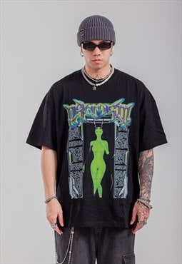 Alien print t-shirt Y2K Cyber punk tee UFO top in black