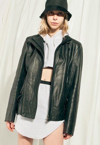 Vintage Leather Jacket Y2K Oversized Rave Coat in Black