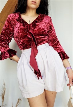 Vintage 90s burgundy ruffle velveteen festival blouse top