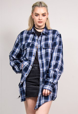90'S VINTAGE BLUE CHECK GRUNGE OVERSIZE FLANNEL SHIRT